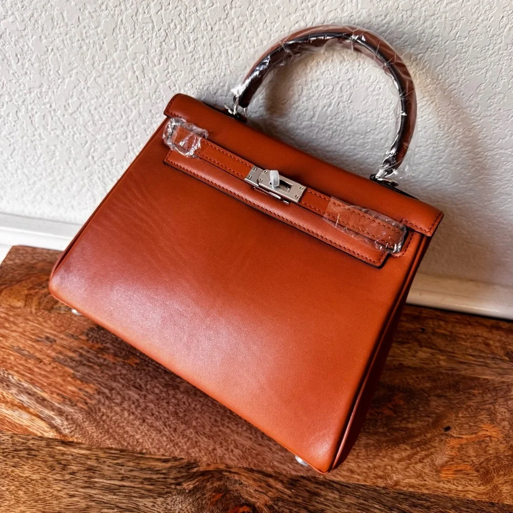 LEATHER INSIDE & OUT | Tan Orange 25 KL Belted Satchel Bag Dual Wide Strap B4 - Picture 13 of 13
